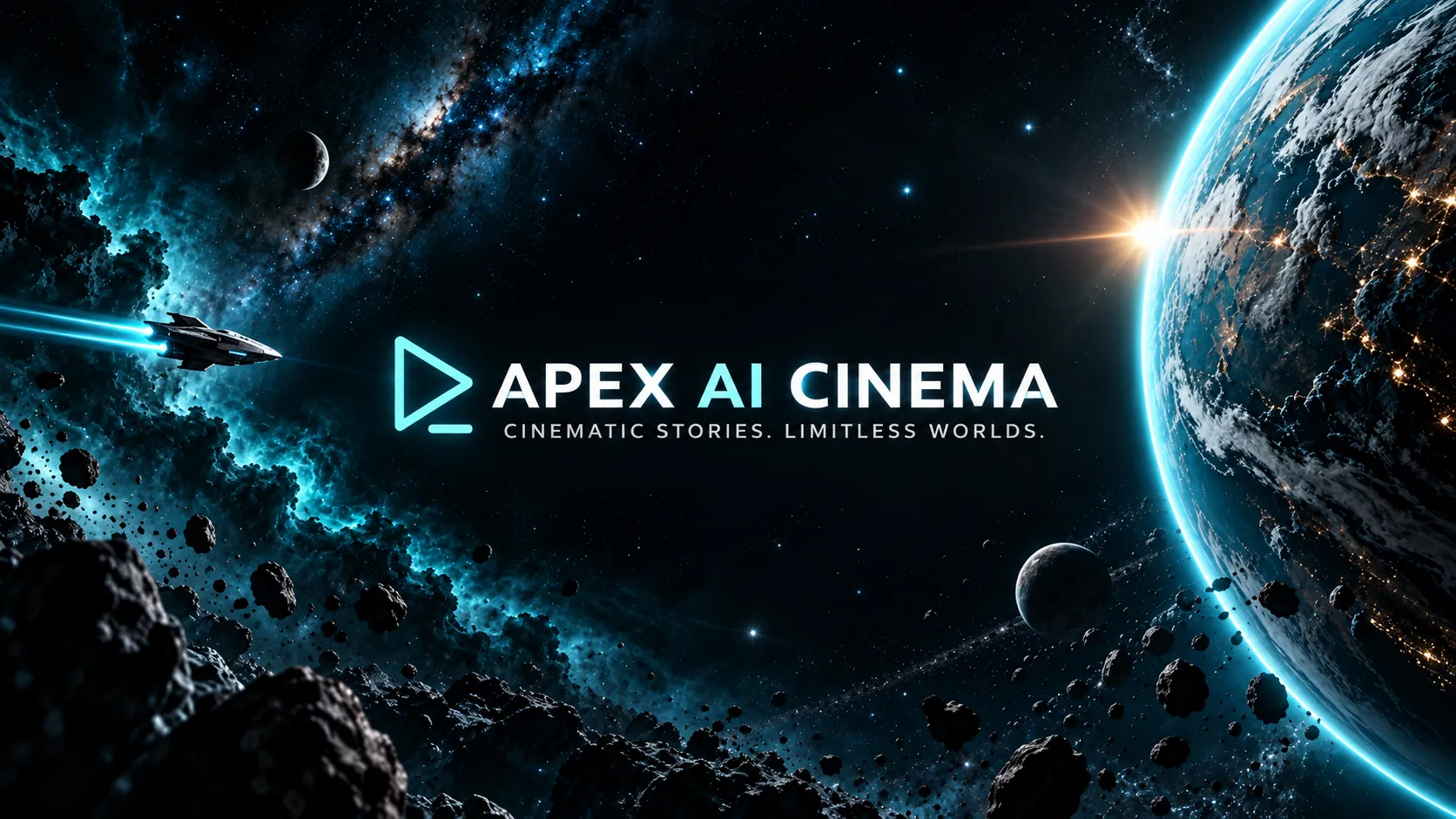 Apex AI Cinema banner: a spaceship flies past asteroids toward a glowing planet. The text reads “Cinematic stories. Limitless worlds.”