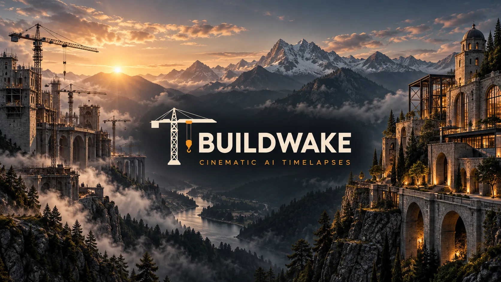 Buildwake banner: cranes raise a stone castle on a mountainside at sunset, and across the valley its finished halls glow. The text reads “Cinematic AI timelapses”.