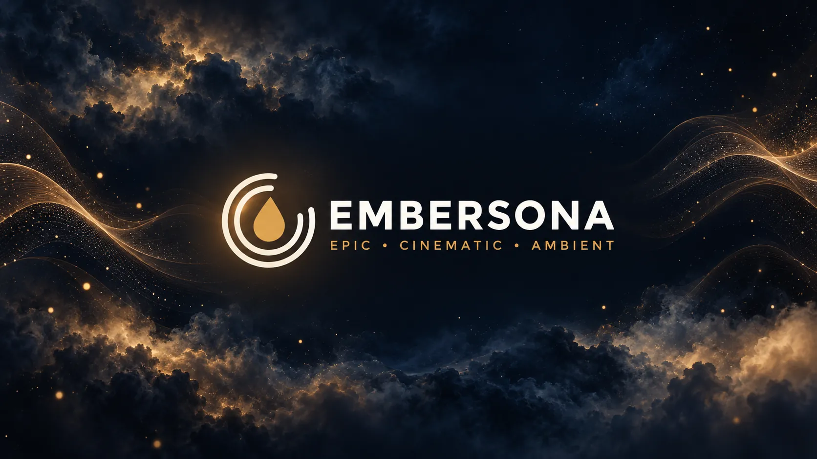 Embersona banner: a glowing drop inside two rings, between golden waves of light and dark clouds. The text reads “Epic · Cinematic · Ambient”.
