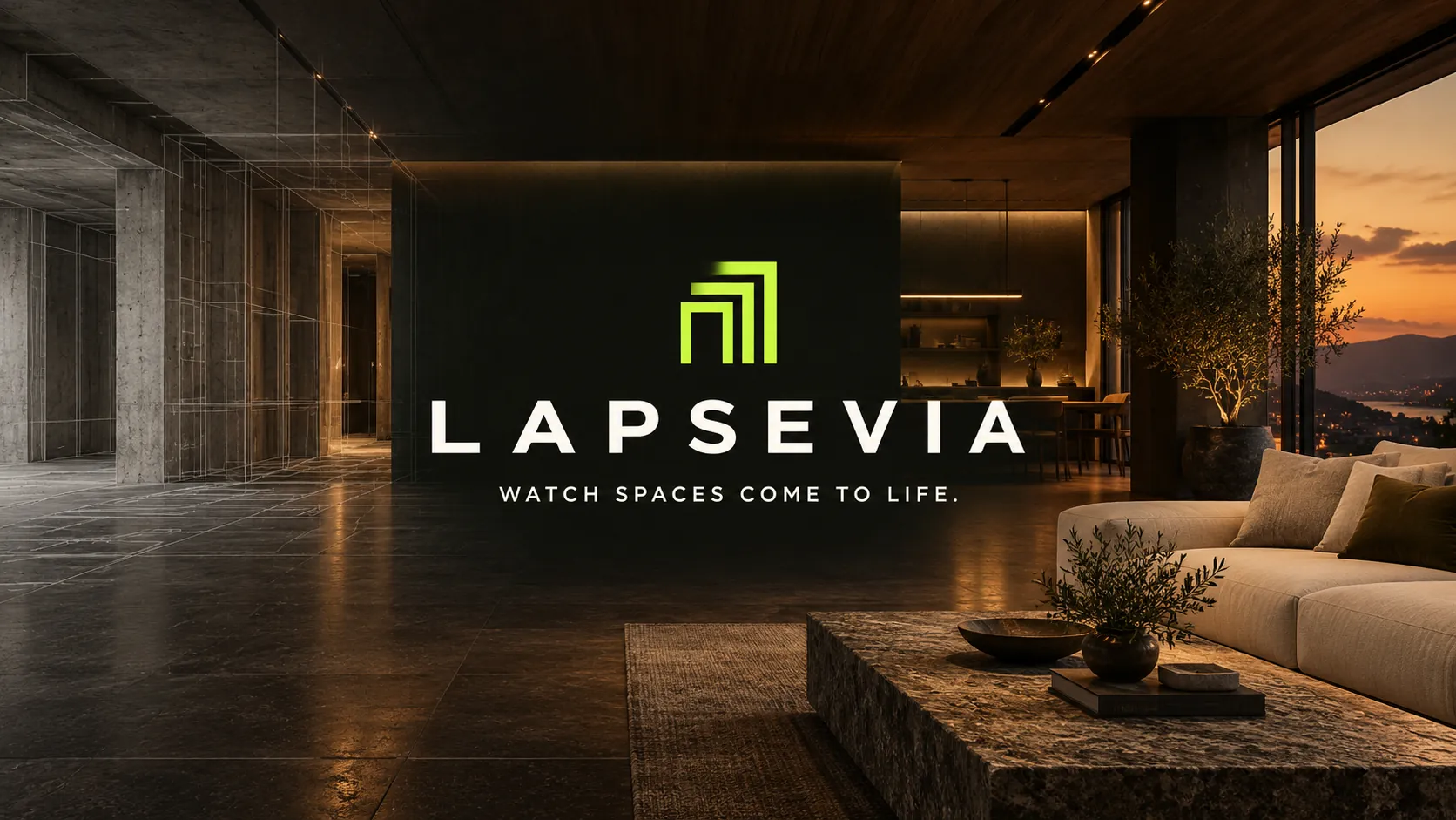Lapsevia banner: a bare concrete floor turns into a warm, furnished loft with a sunset view. The text reads “Watch spaces come to life.”