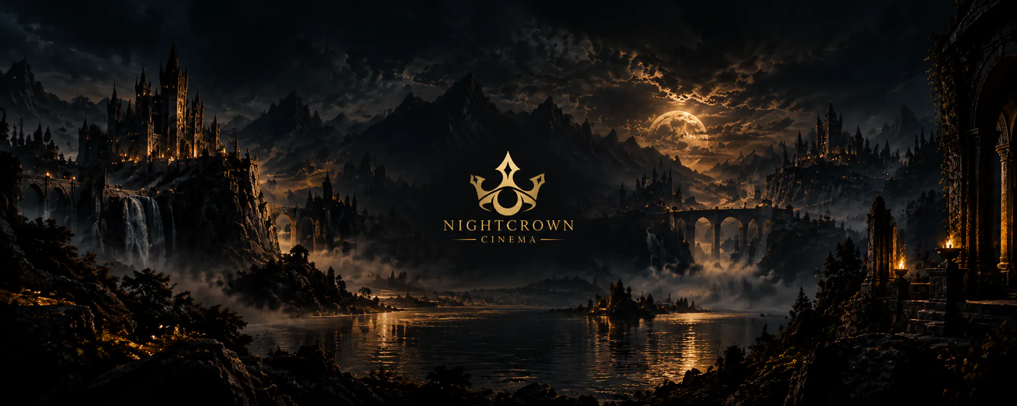 Nightcrown Cinema banner: a golden crown logo over a dark fantasy valley of castles, stone bridges and a lake under a full moon.